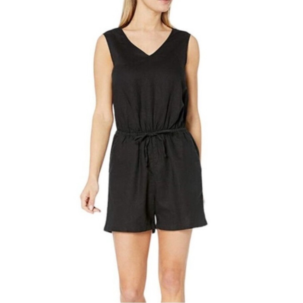 Women Black Romper Size 4 Linen Blend V Neck Drawstring